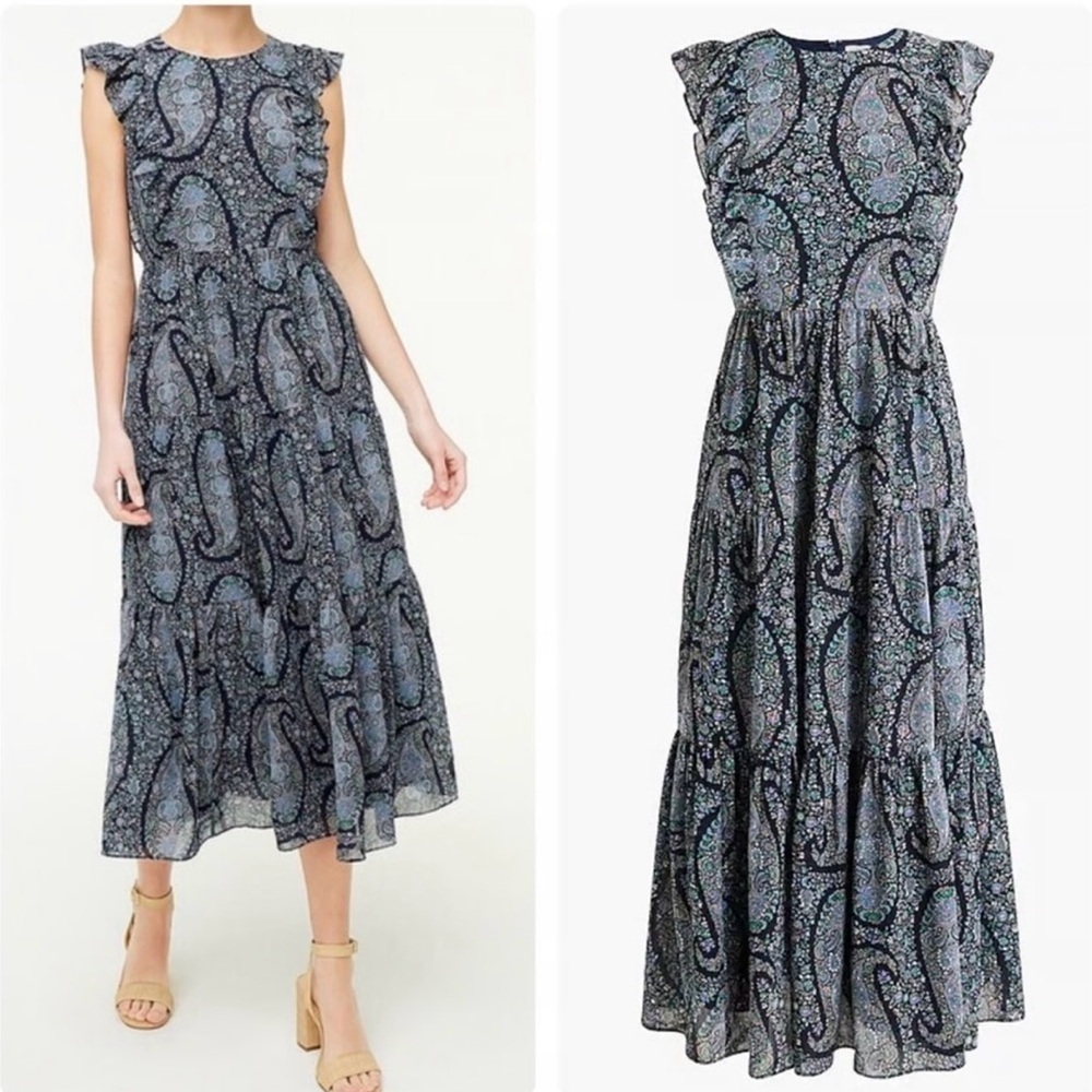 J. Crew Blue and Gray Ruffled Tiered Midi Dress
